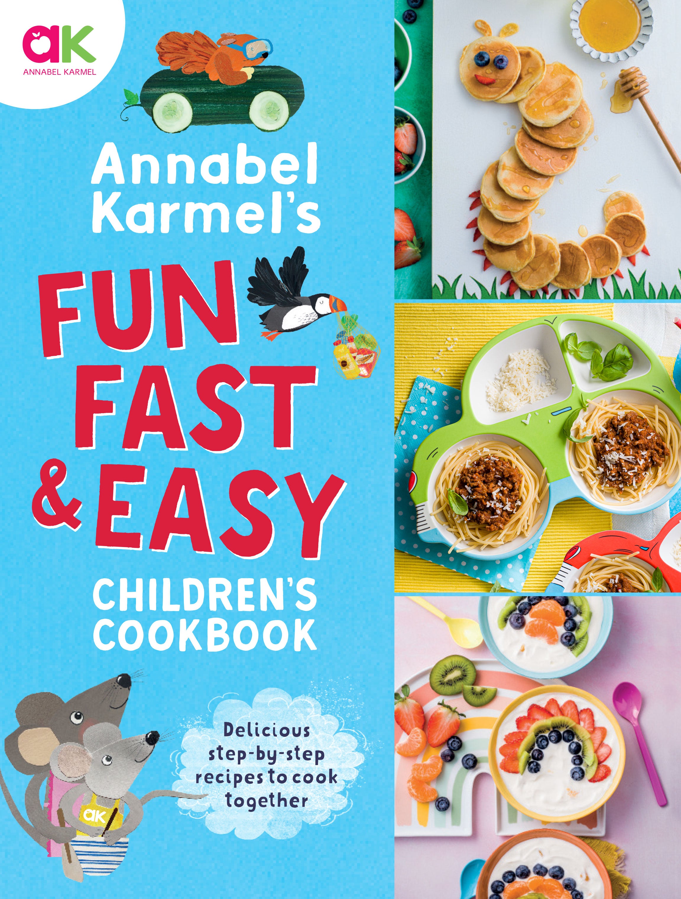 Children's cookbook cover with colorful food art and playful animal-themed dishes.