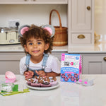 Child with mouse ears baking chocolate muffins in a kitchen, using a kids' baking kit.