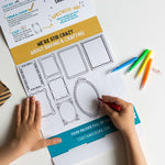 Child drawing on a craft sheet with colorful pens, featuring various frame designs for creative activities.