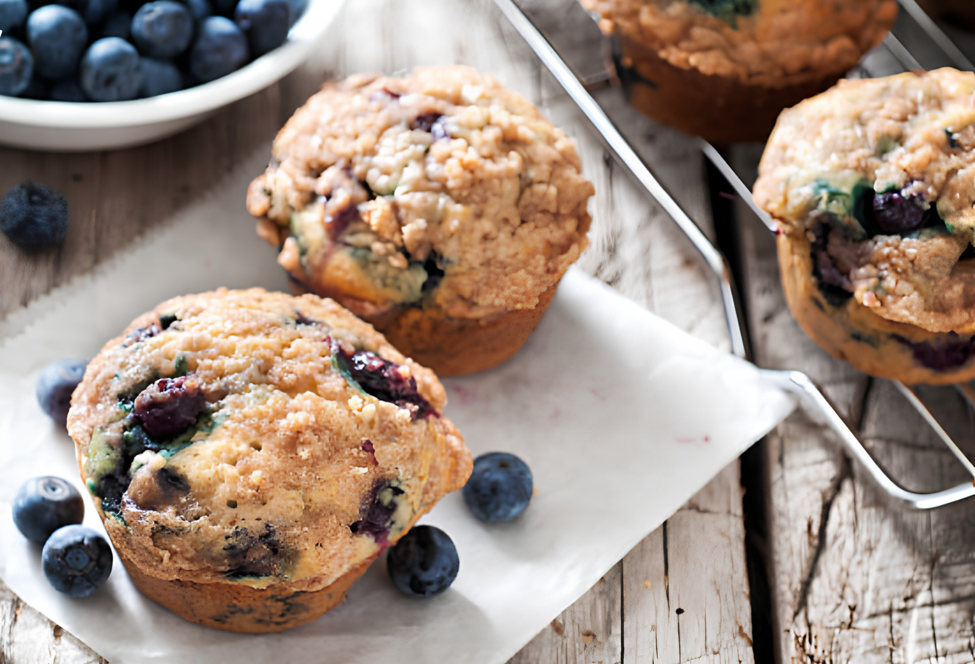 Freshly baked blueberry muffins with a golden-brown streusel topping sitting on parchment paper, surrounded by loose fresh blueberries.