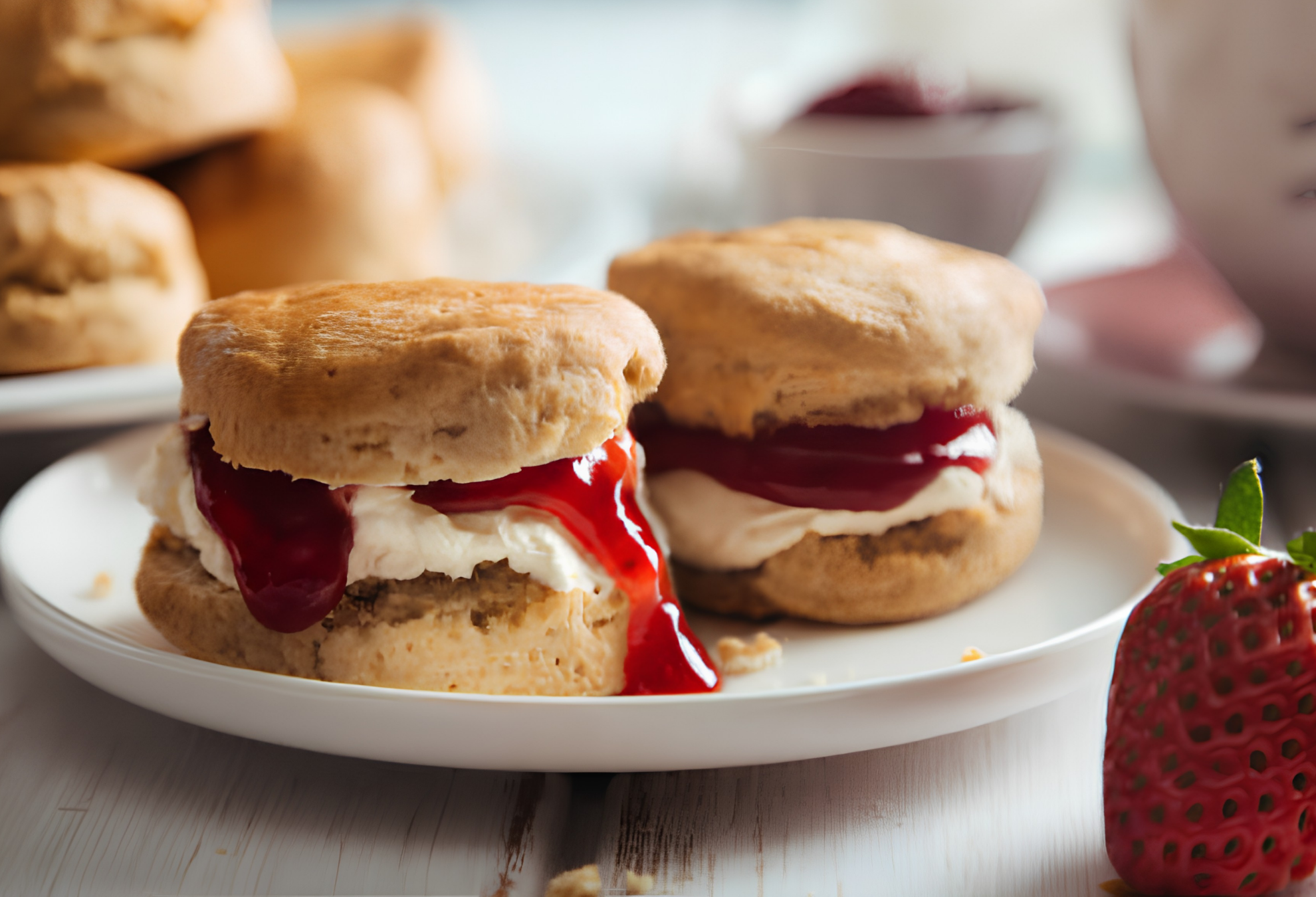 Two freshly baked scones split open and filled with clotted cream and dripping red strawberry jam, served on a white plate.