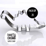 Dinosaur-shaped metal cookie cutter with "Pack of 25" label, Craft & Crumb Supply Shop logo in corner.