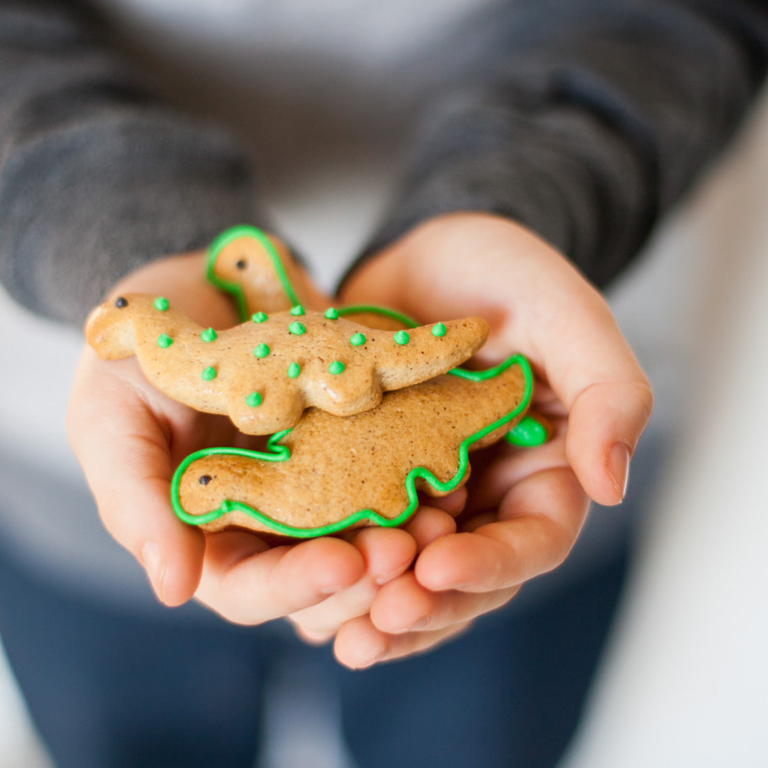 Hands holding dinosaur-shaped cookies with green icing details.