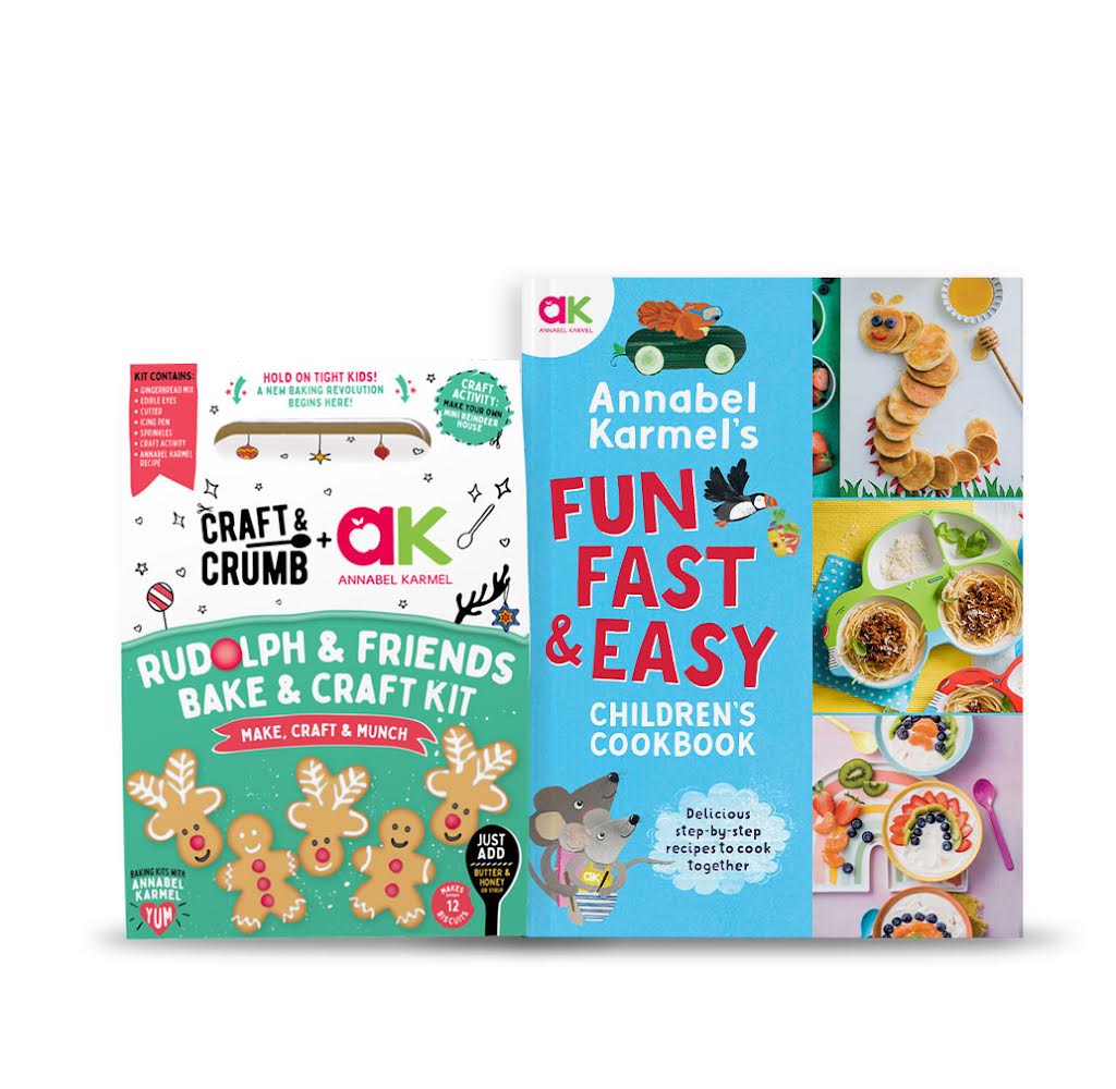 Two children's cookbooks: "Rudolph & Friends Bake & Craft Kit" and "Fun Fast & Easy Children's Cookbook" by Annabel Karmel.