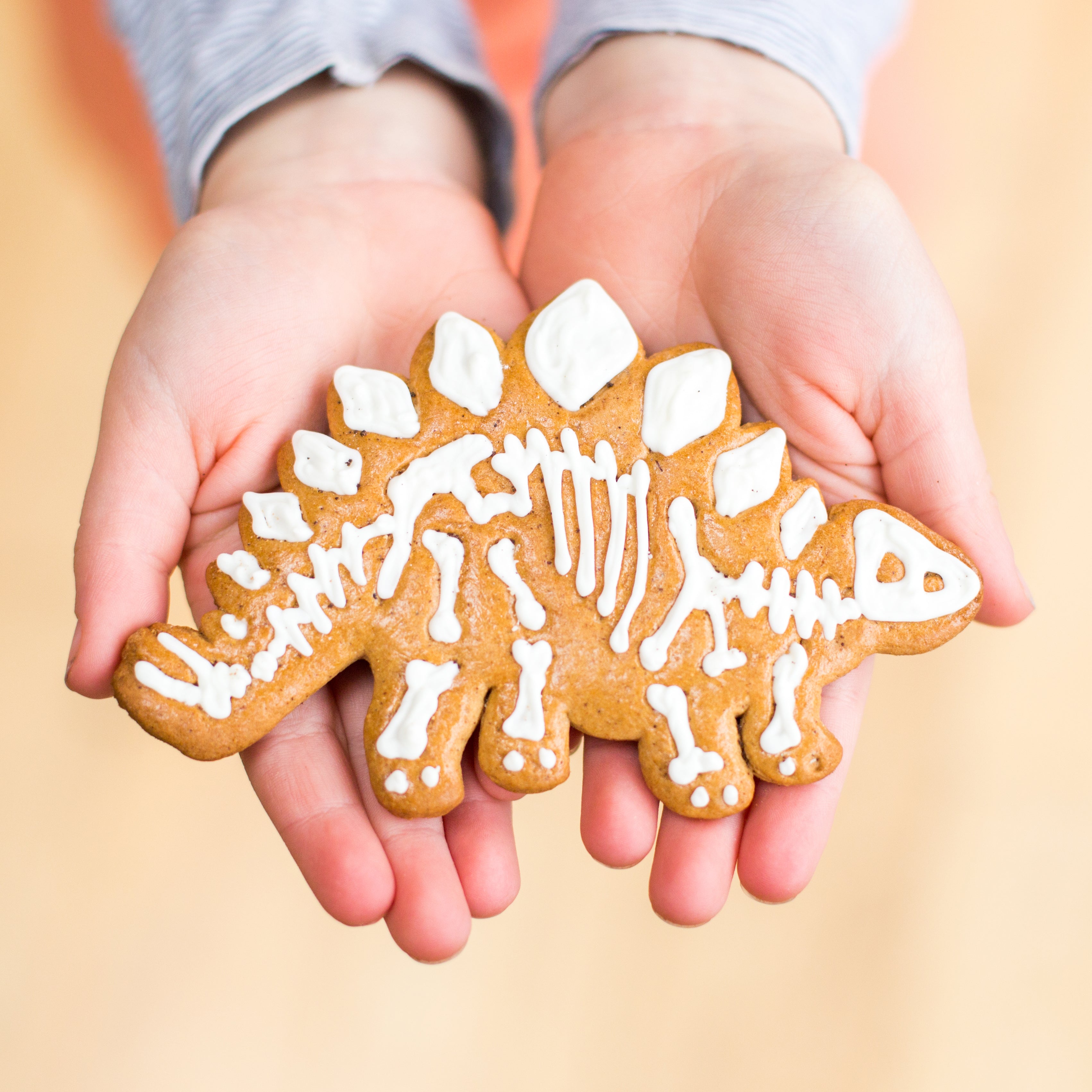 Hands holding a dinosaur-shaped cookie with white icing resembling a skeleton.