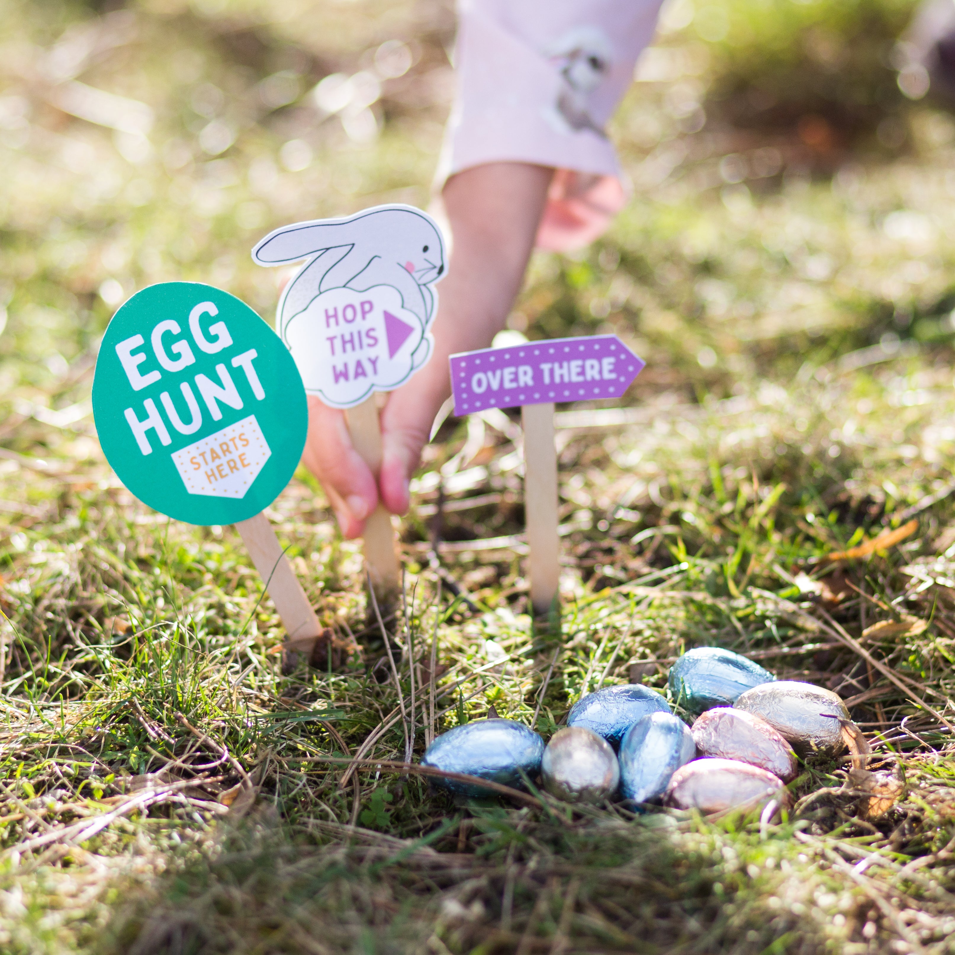 Easter egg hunt signs and foil-wrapped eggs on grass, with a hand placing a bunny sign.