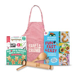 Children's cooking set with apron, cookbook, baking kit, and wooden utensils.