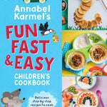 Children's cookbook cover with colorful food art and playful animal-themed dishes.