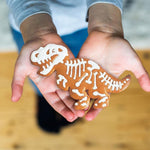 Child holding a dinosaur-shaped cookie with white icing resembling bones on a wooden floor background.