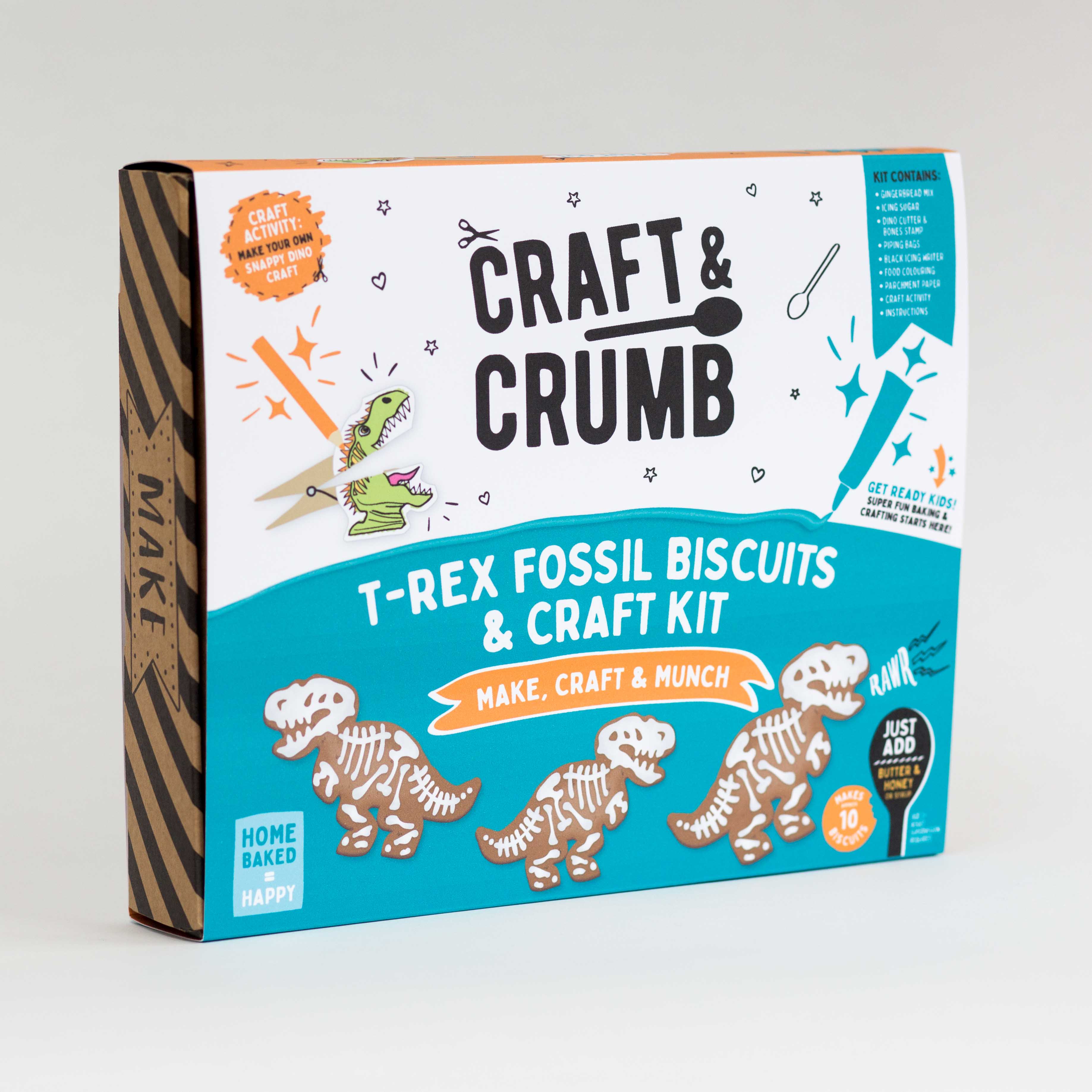 Craft & Crumb T-Rex Fossil Biscuits & Craft Kit box with dinosaur cookie images.